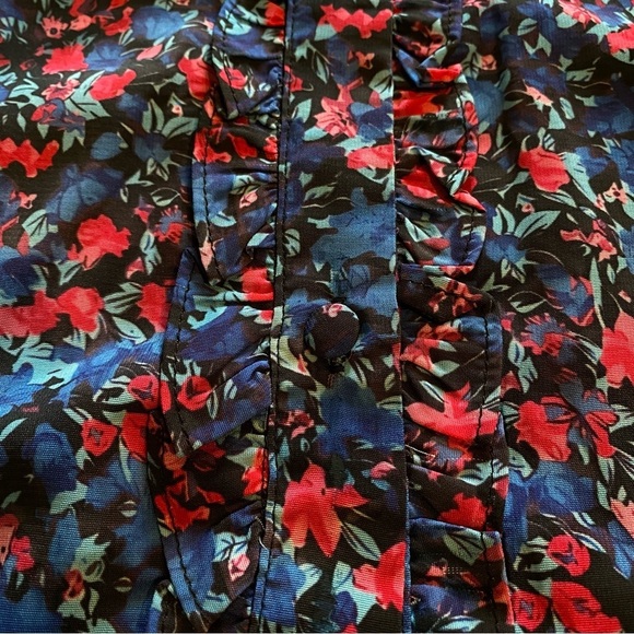 JASAMBAC Women plus size 2X Floral ruffle flutter sleeve button up Blue Blouse - Picture 5 of 8